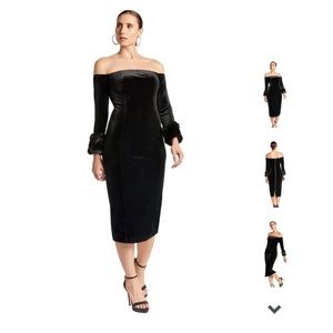 Simona Maghen black velvet dress faux fur sleeves size 2 Nwot full gold zipper